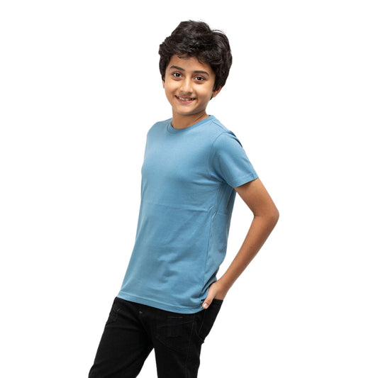 A Boy wearing stylish, affordable & premium Blue Plain Cotton T-Shirt from getstocked