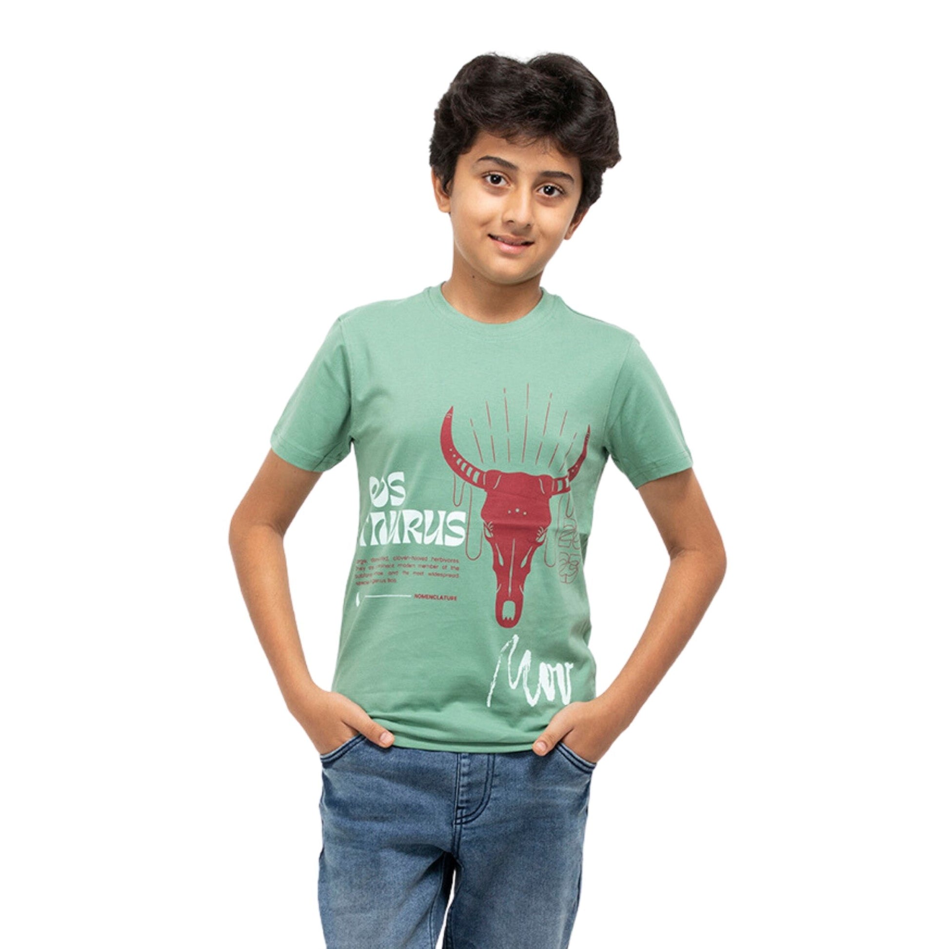 A Boy wearing stylish, affordable & premium Taurus Print Green Cotton T-Shirt from getstocked