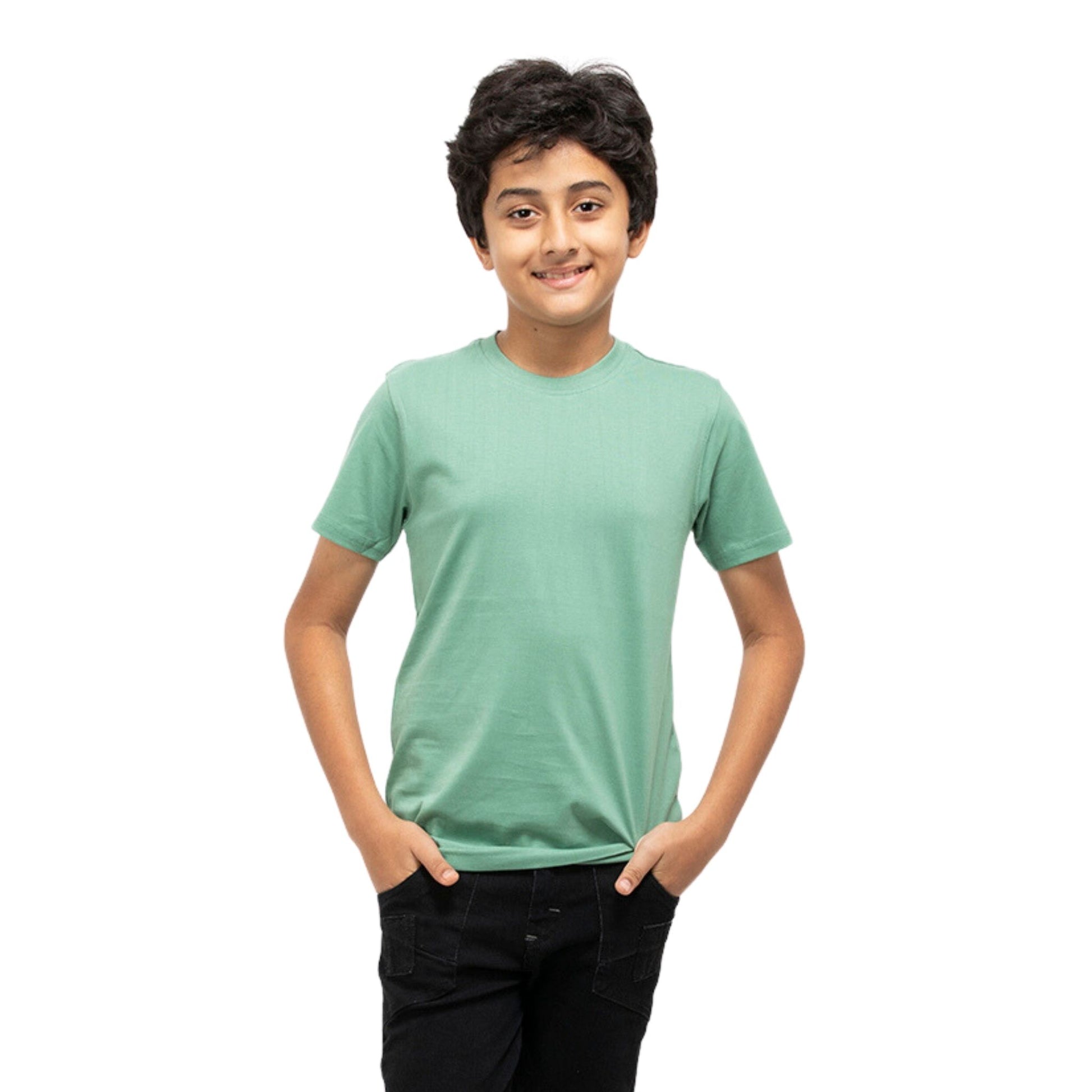 A Boy wearing stylish, affordable & premium Green Plain Cotton T-Shirt from getstocked