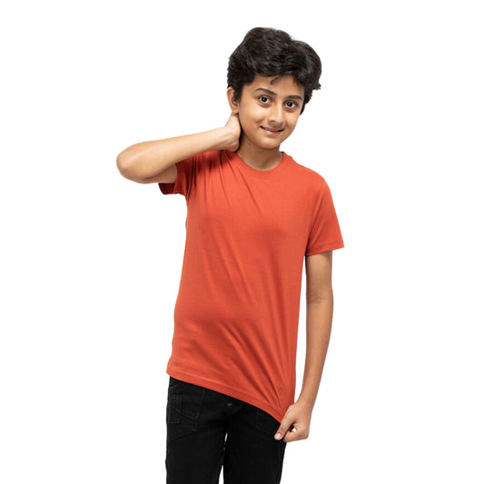 A Boy wearing stylish, affordable & premium Rust Orange Plain Cotton T-Shirt from getstocked