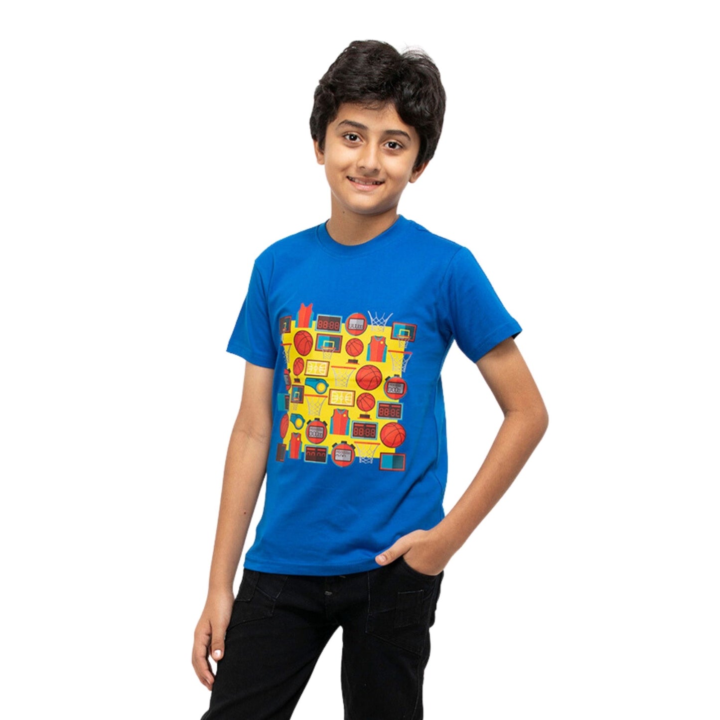 A Boy wearing stylish, affordable & premium Basketball Print Blue Cotton T-Shirt from getstocked