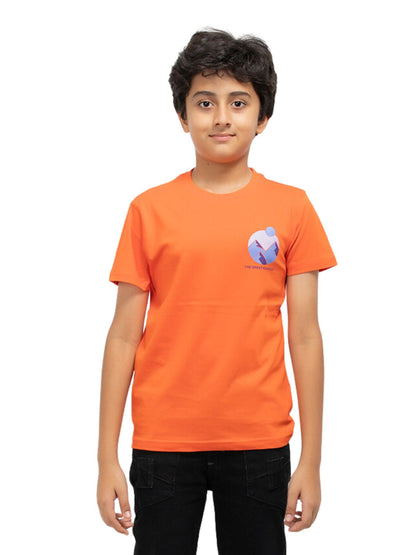 Great Mountains Print Boys Cotton T-Shirt (Rust Orange)