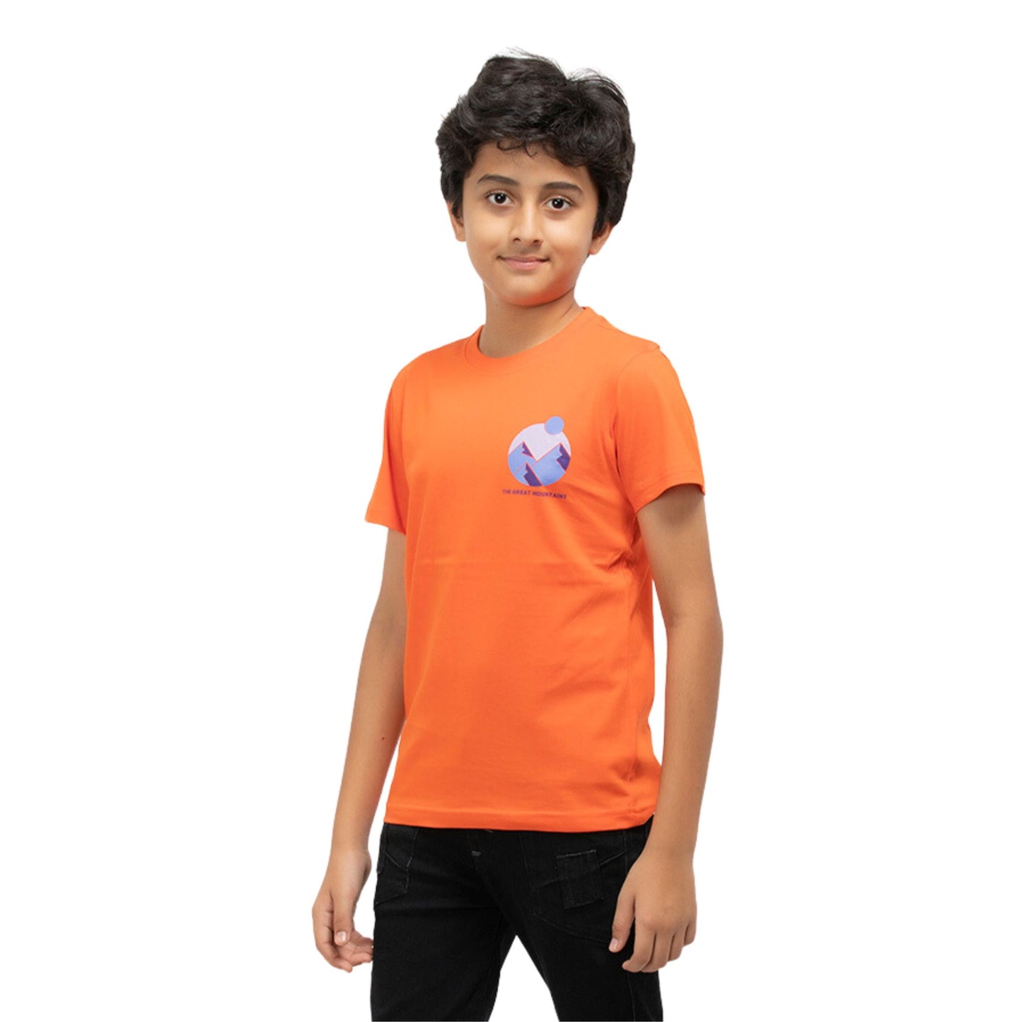 Great Mountains Print Boys Cotton T-Shirt (Rust Orange)