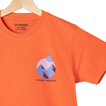 Great Mountains Print Boys Cotton T-Shirt (Rust Orange)