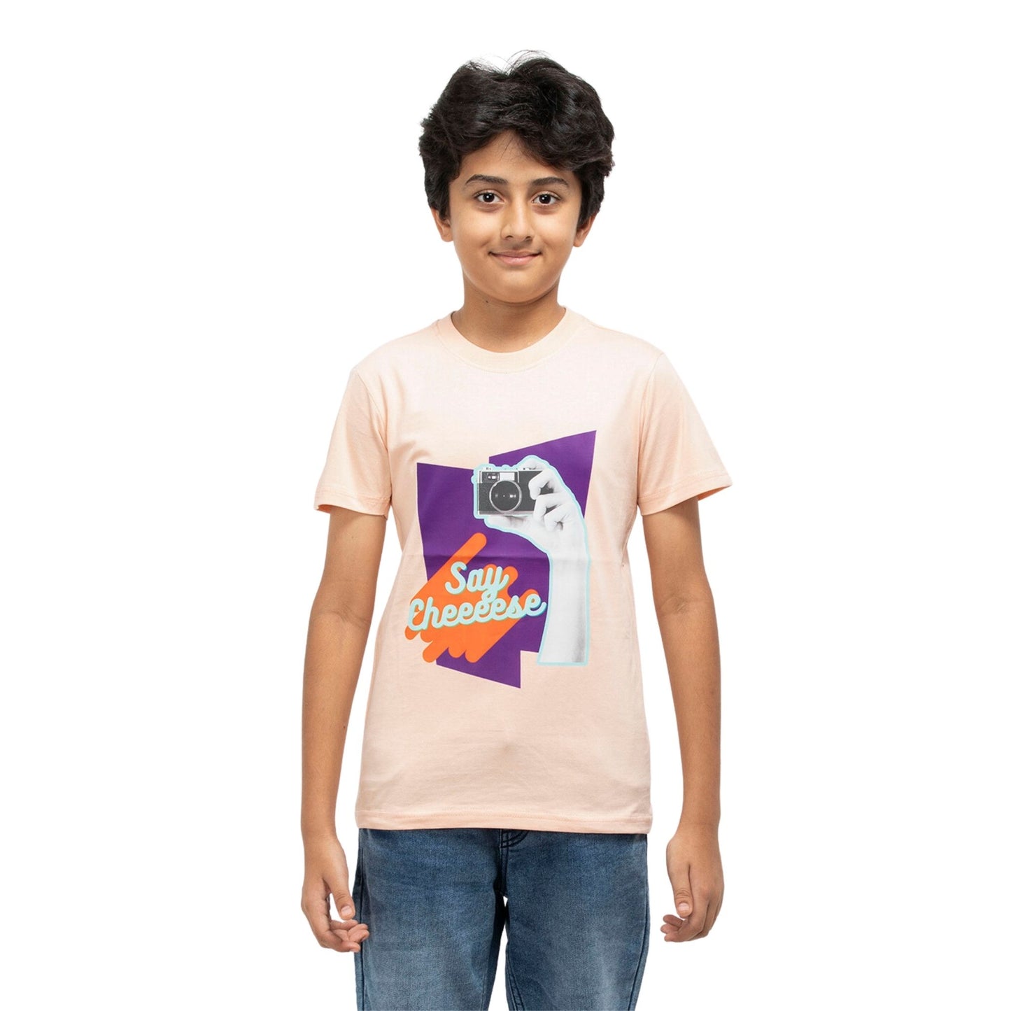 Say Cheese Print Boys Cotton T-Shirt (Light Orange)