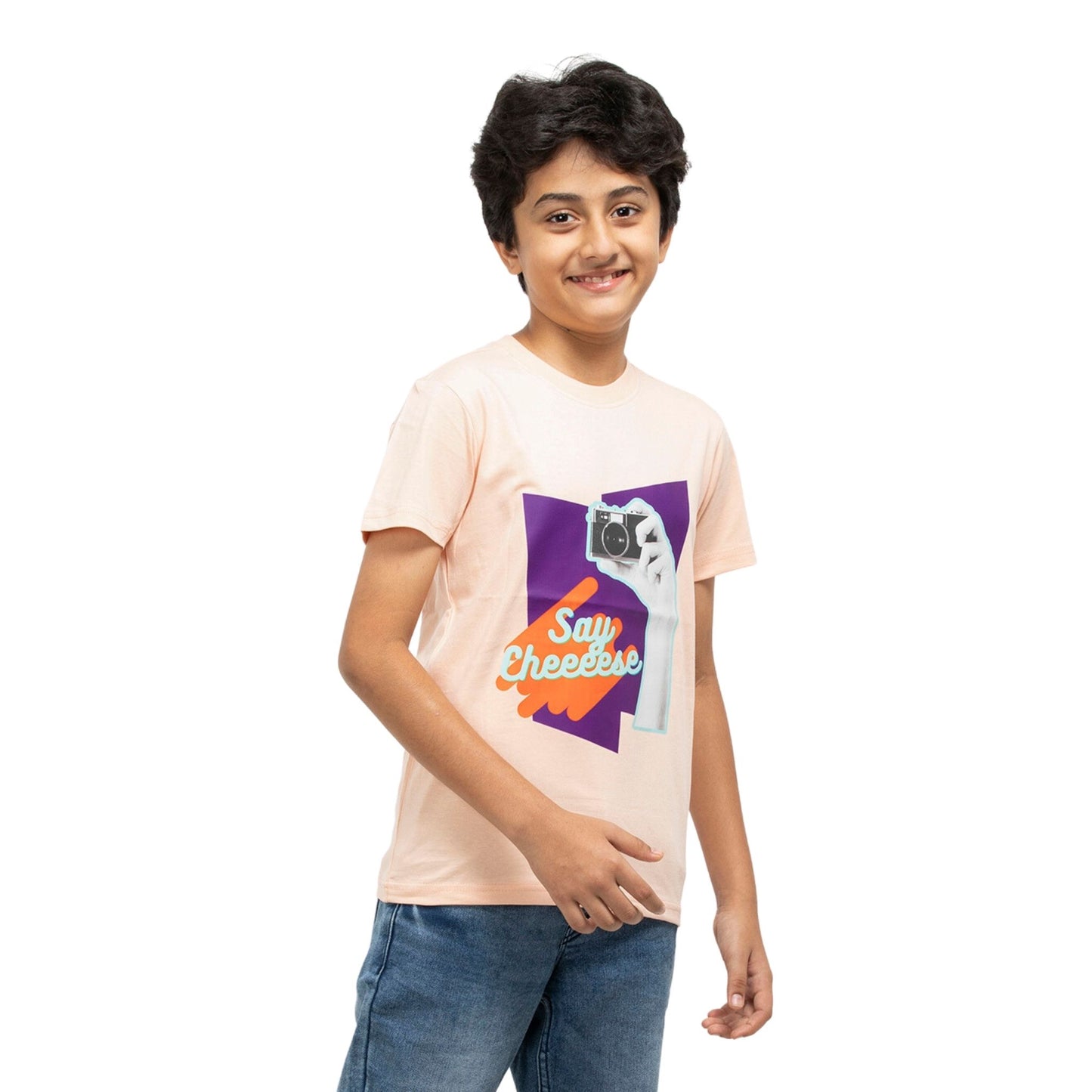 Say Cheese Print Boys Cotton T-Shirt (Light Orange)