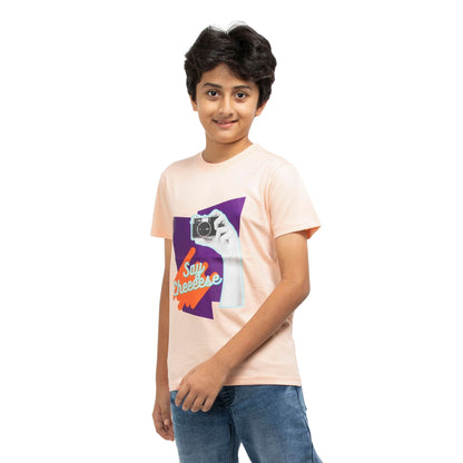 Say Cheese Print Boys Cotton T-Shirt (Light Orange)