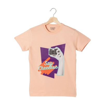 Say Cheese Print Boys Cotton T-Shirt (Light Orange)