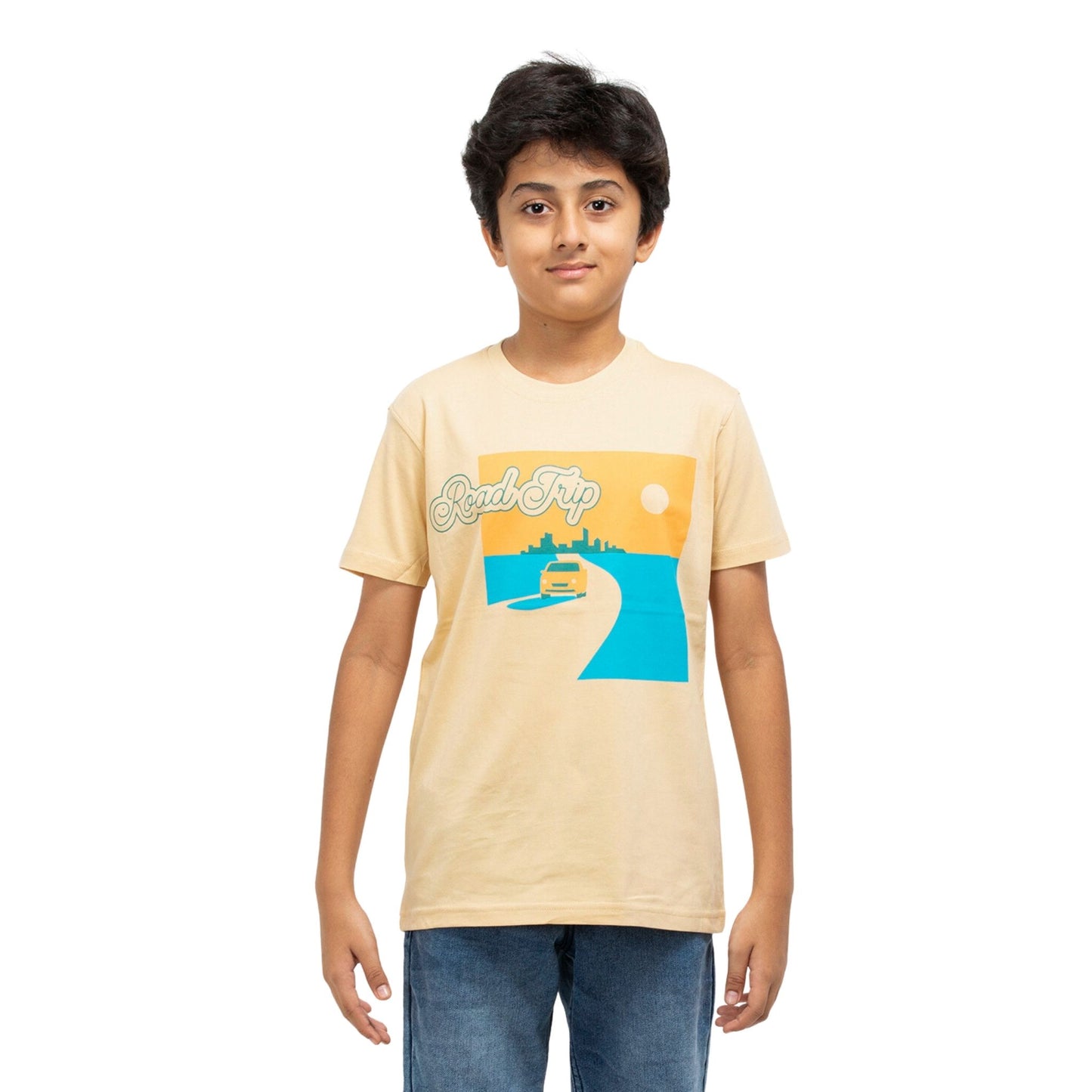 Road Trip Print Boys Cotton T-shirt (Light Orange)