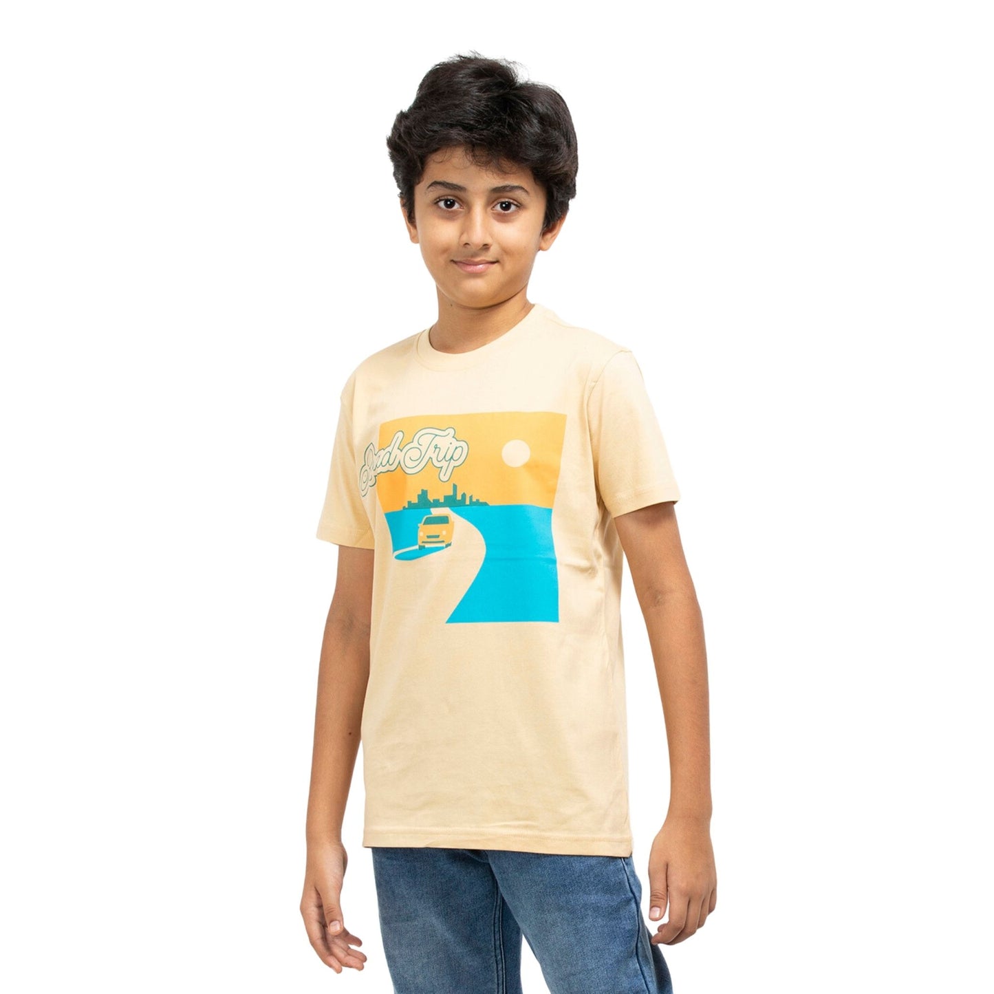 Road Trip Print Boys Cotton T-shirt (Light Orange)