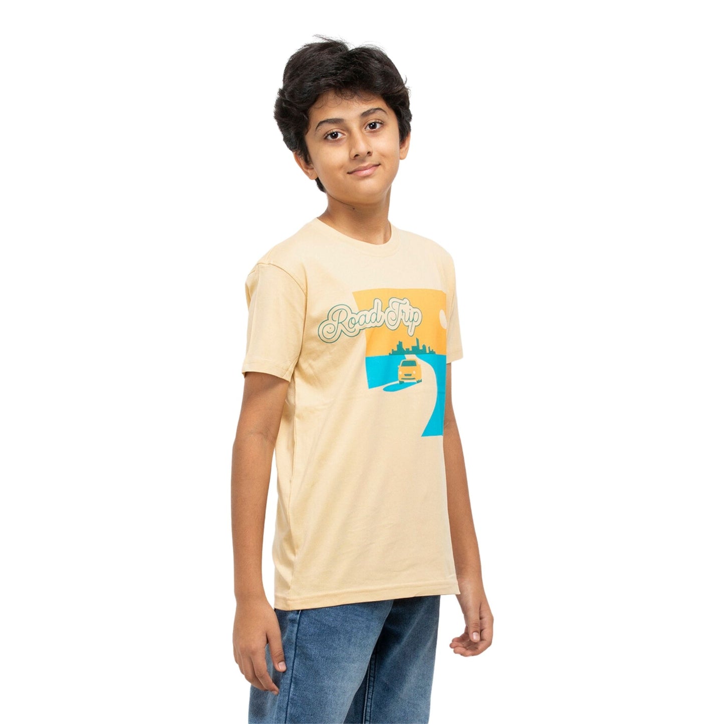 Road Trip Print Boys Cotton T-shirt (Light Orange)