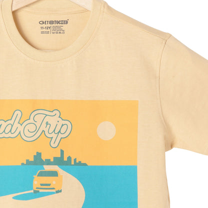 Road Trip Print Boys Cotton T-shirt (Light Orange)