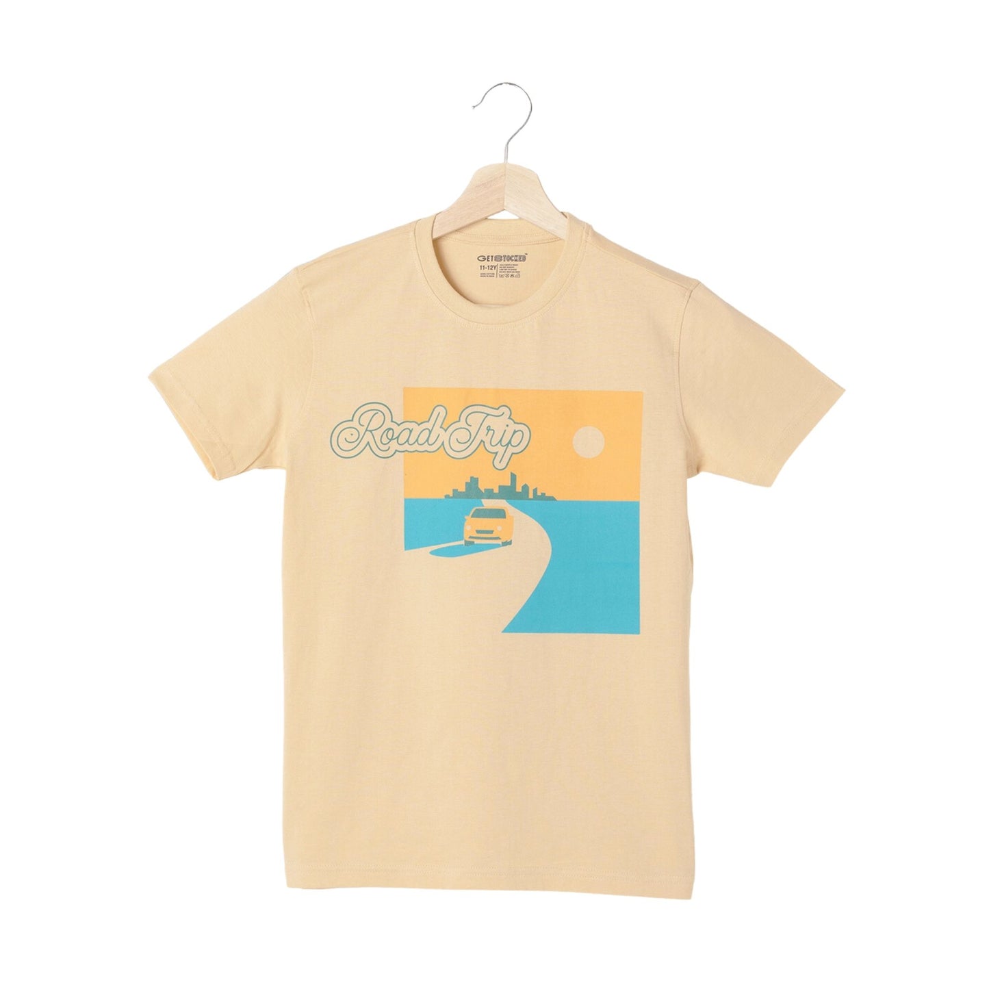 Road Trip Print Boys Cotton T-shirt (Light Orange)