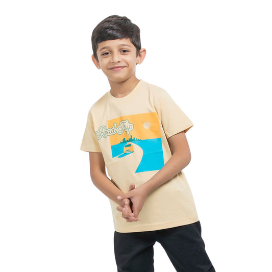 A Boy wearing stylish, affordable & premium Road Trip Print Light Orange Cotton T-Shirt from getstocked