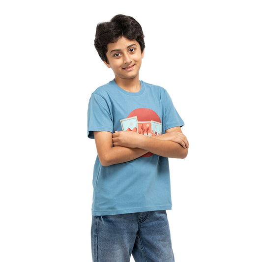 A Boy wearing stylish, affordable & premium Cactus Print Blue Cotton T-Shirt from getstocked