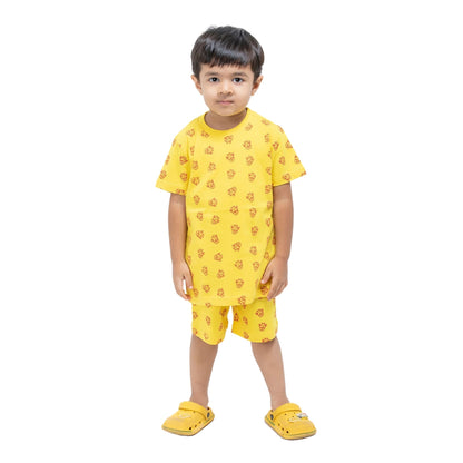 Cartoon Print Boys Cotton Shorts T-Shirt Set (Yellow)