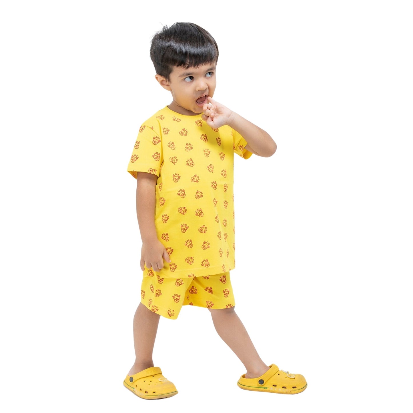 Cartoon Print Boys Cotton Shorts T-Shirt Set (Yellow)