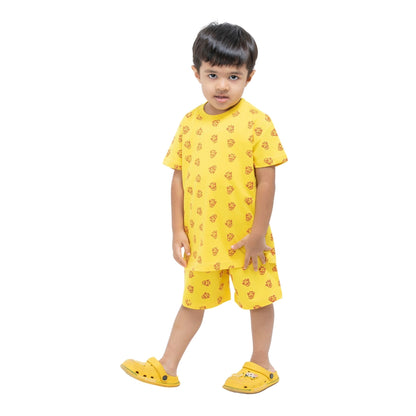 Cartoon Print Boys Cotton Shorts T-Shirt Set (Yellow)