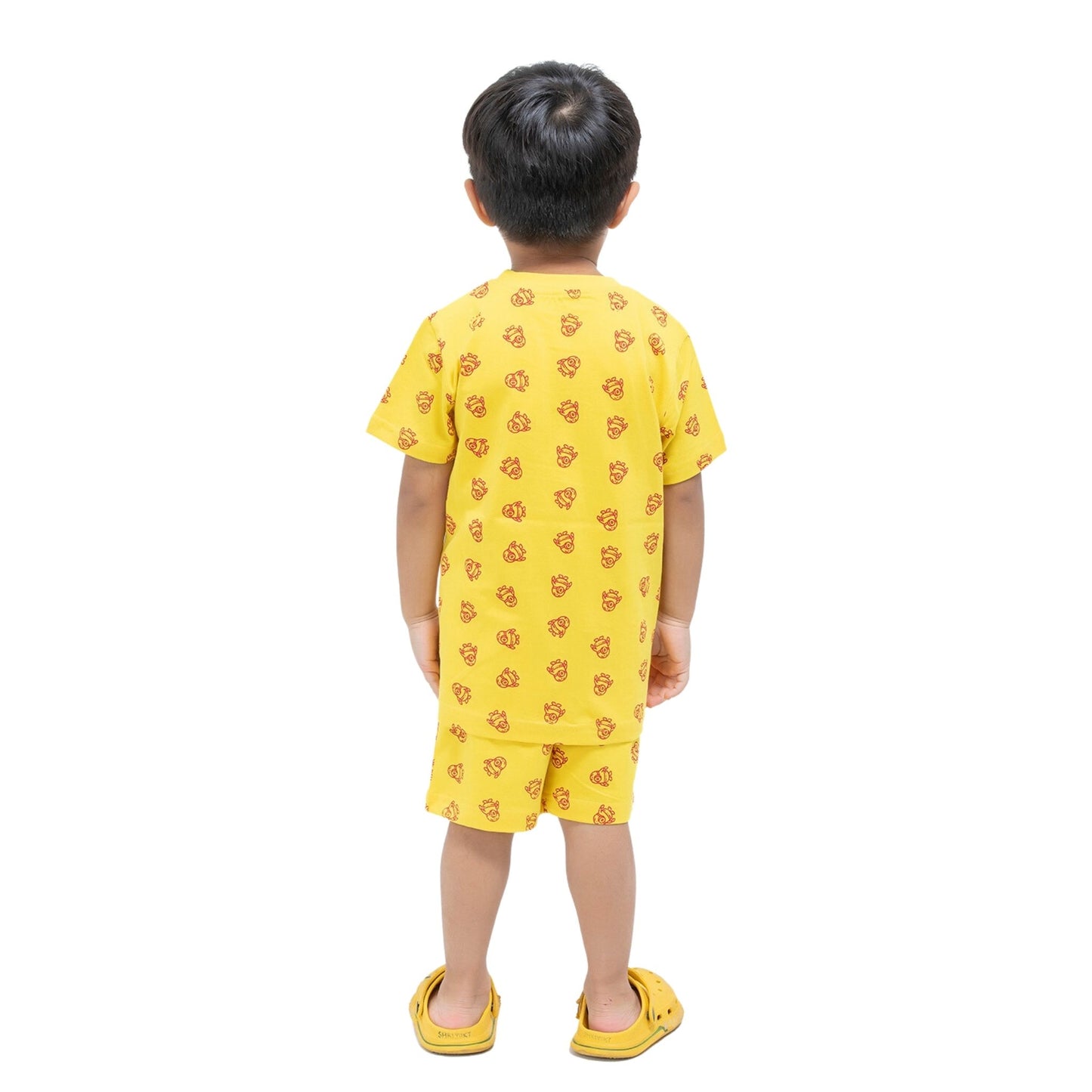 Cartoon Print Boys Cotton Shorts T-Shirt Set (Yellow)