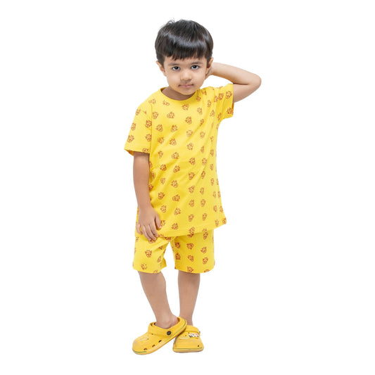 A Boy wearing stylish Yellow Cartoon Print Cotton Shorts & T-Shirt Combo from getstocked