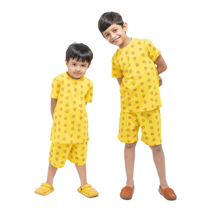 Cartoon Print Boys Cotton Shorts T-Shirt Set (Yellow)