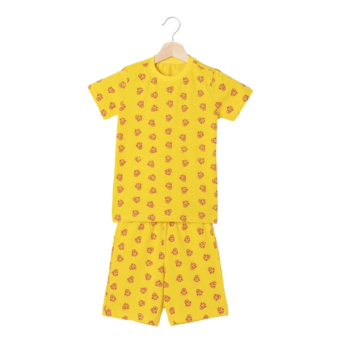 Cartoon Print Boys Cotton Shorts T-Shirt Set (Yellow)