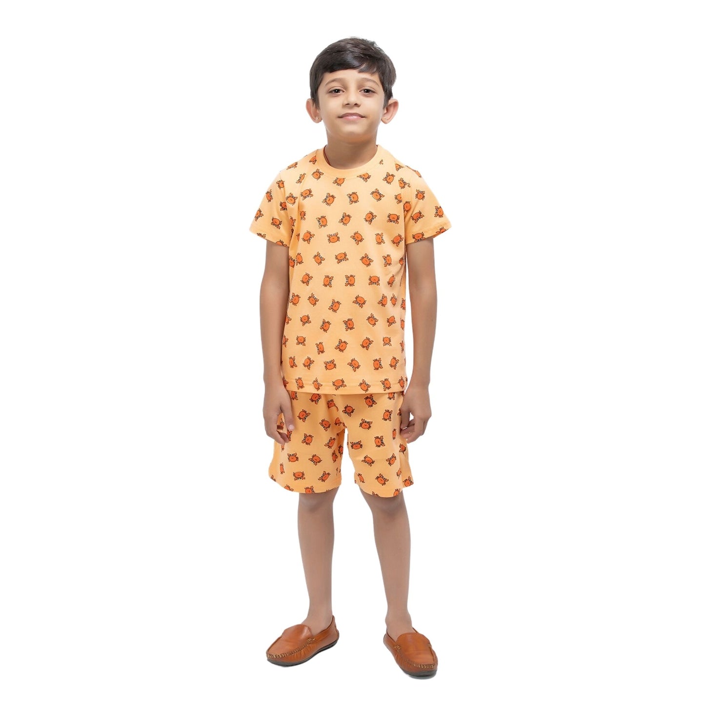 Crab Print Boys Cotton Shorts T-Shirt Set (Orange)