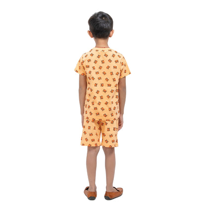 Crab Print Boys Cotton Shorts T-Shirt Set (Orange)