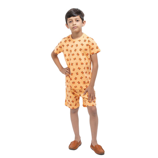 A Boy wearing stylish &  premium Orange Crab Print Cotton Shorts & T-Shirt Combo from getstocked