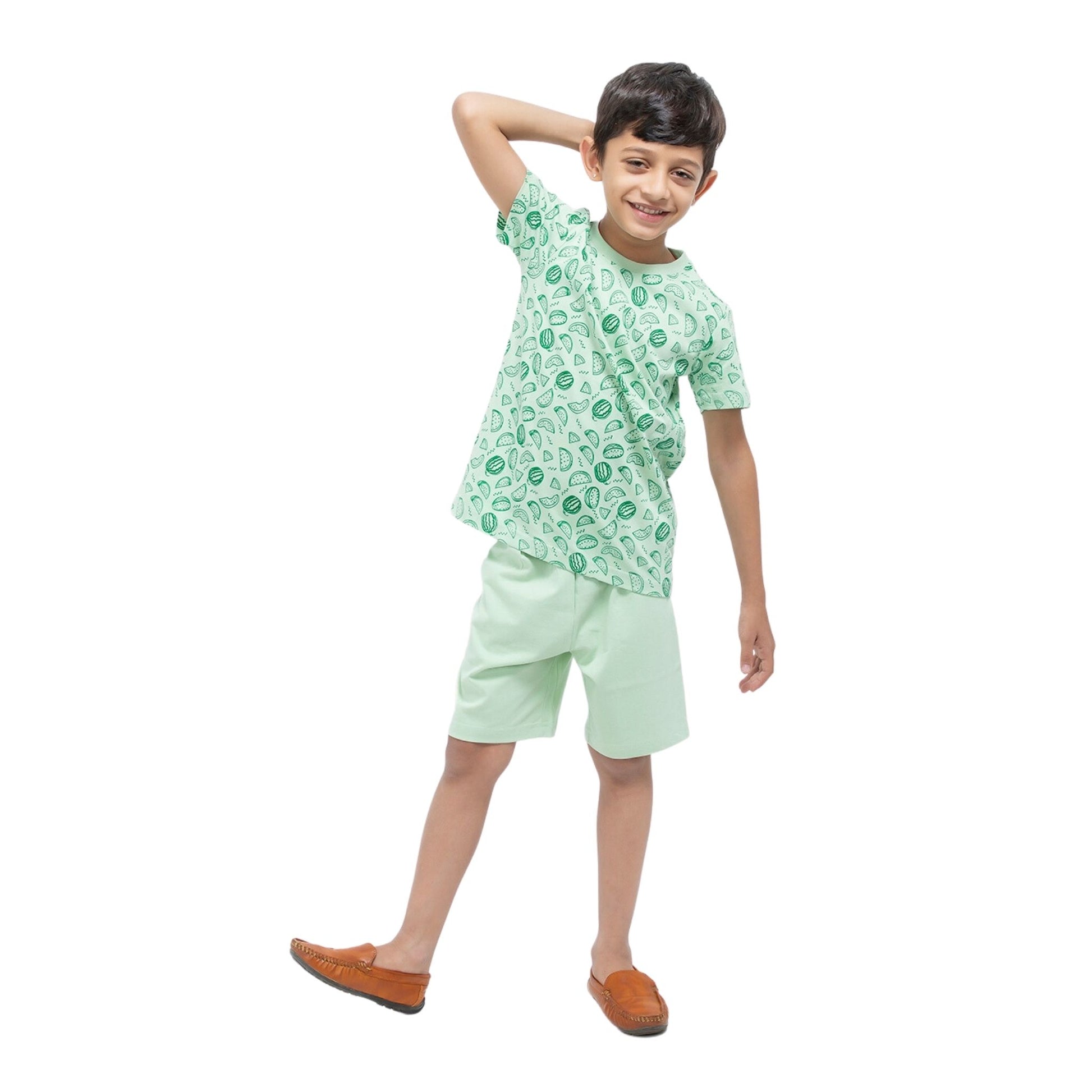Green Watermelon Print Cotton Shorts & T-Shirt Combo For Boys