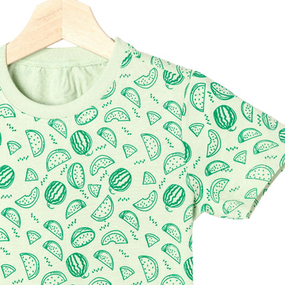 Watermelon Print Boys Cotton Shorts T-Shirt Set (Green)