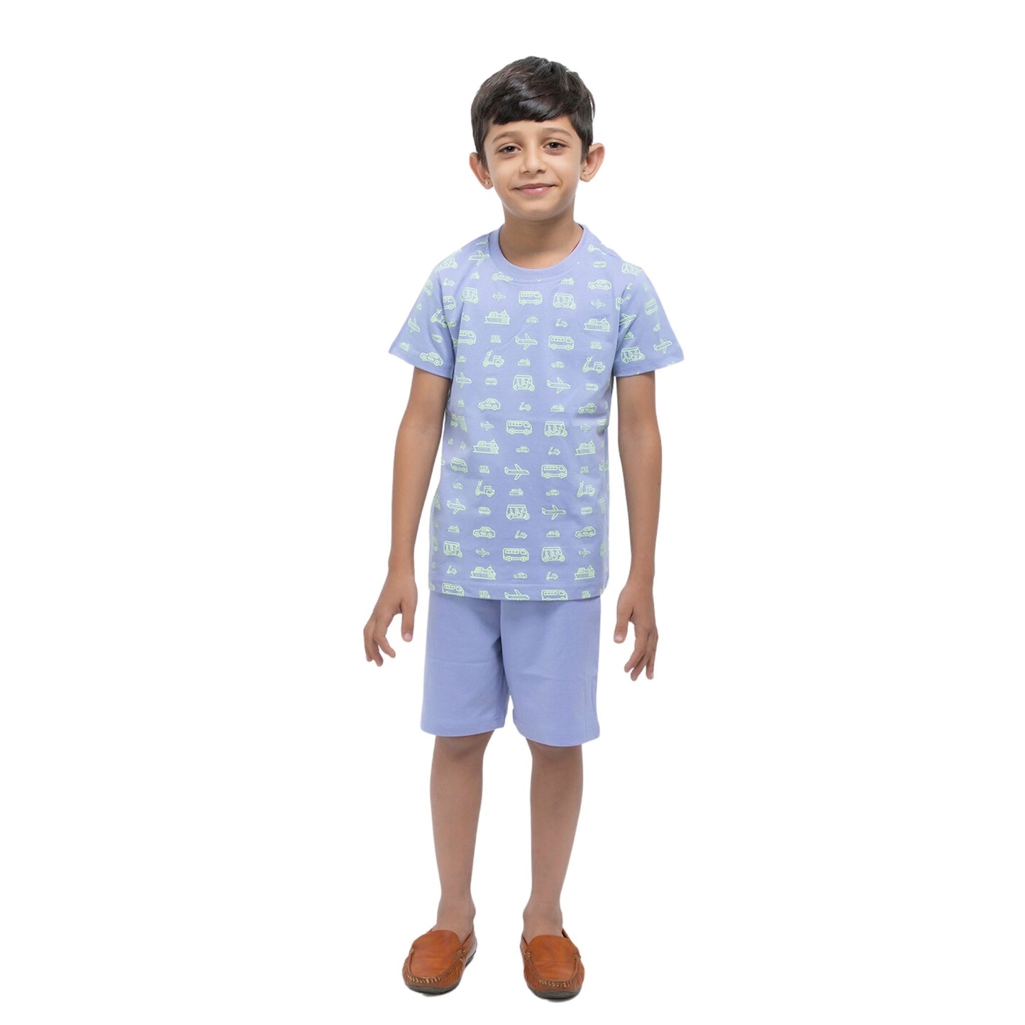Vehicles Print Boys Cotton Shorts T-Shirt Set (Blue)