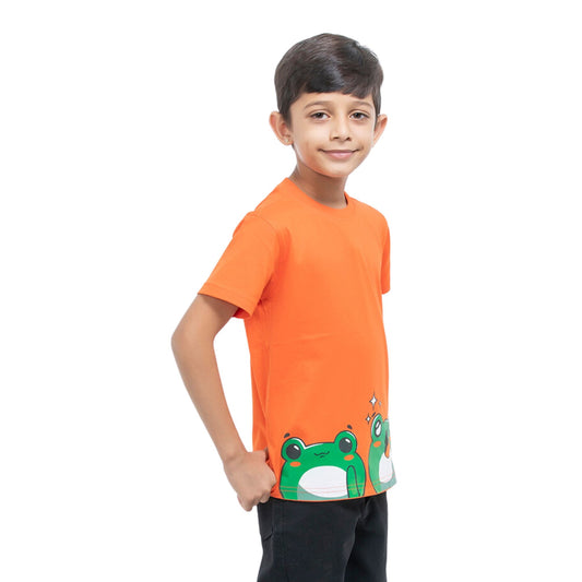 A Boy wearing stylish, affordable & premium Frog Print Rust Orange Cotton T-Shirt from getstocked