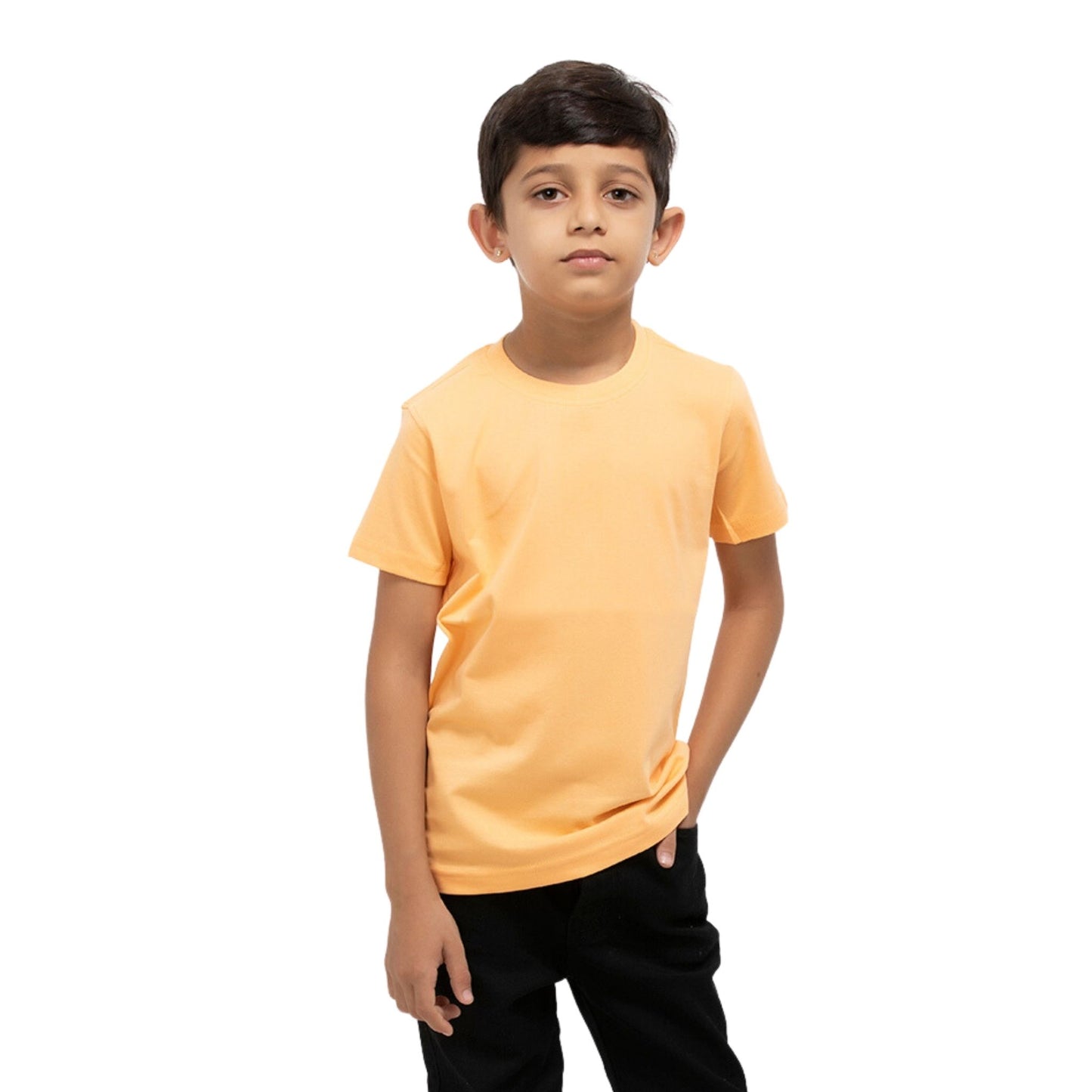 A Boy wearing stylish, affordable & premium Orange Plain Cotton T-Shirt from getstocked