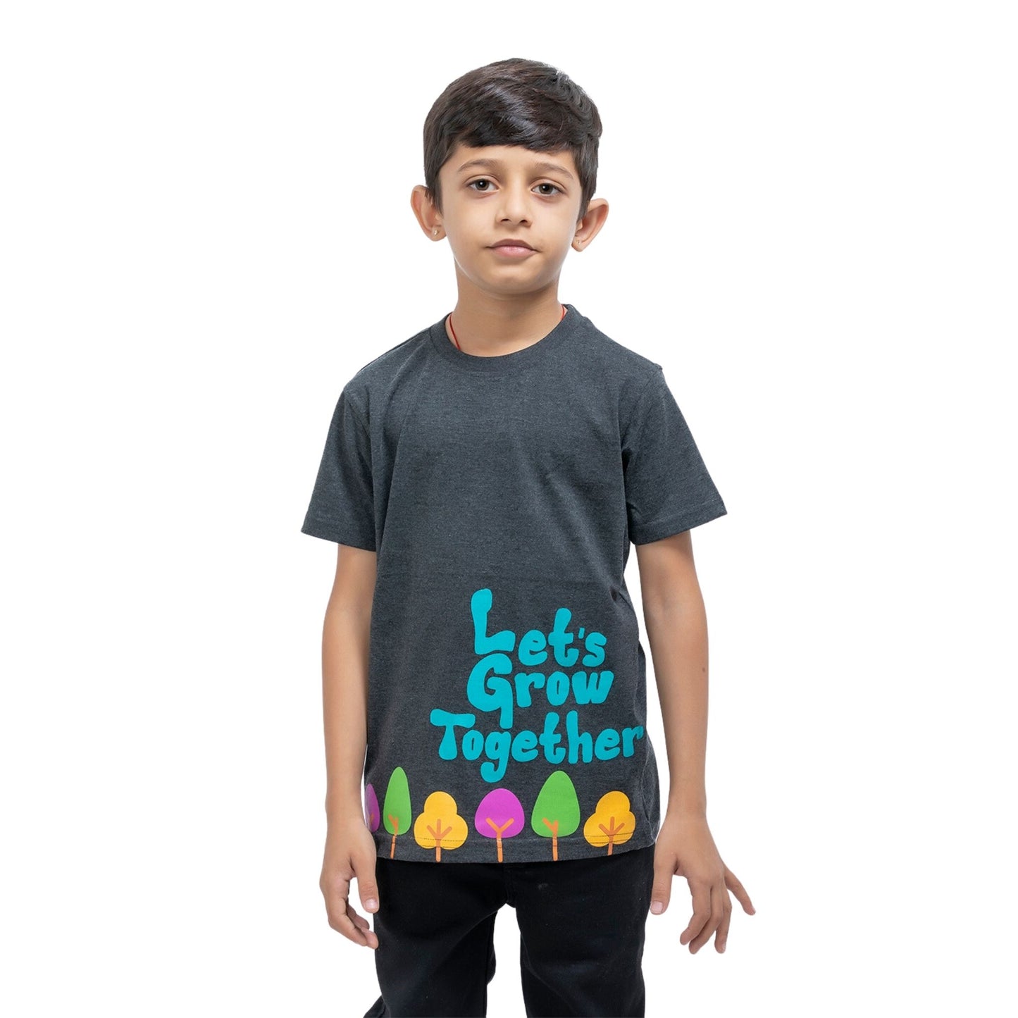 Grow Together Print Boys Cotton T-Shirt (Charcoal Melange)