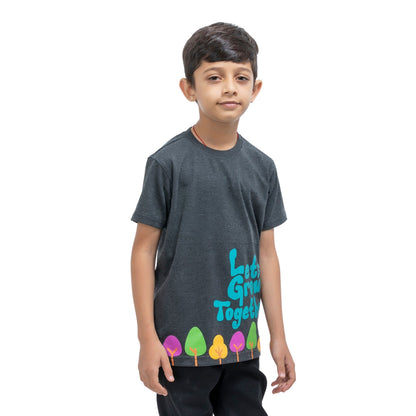 Grow Together Print Boys Cotton T-Shirt (Charcoal Melange)