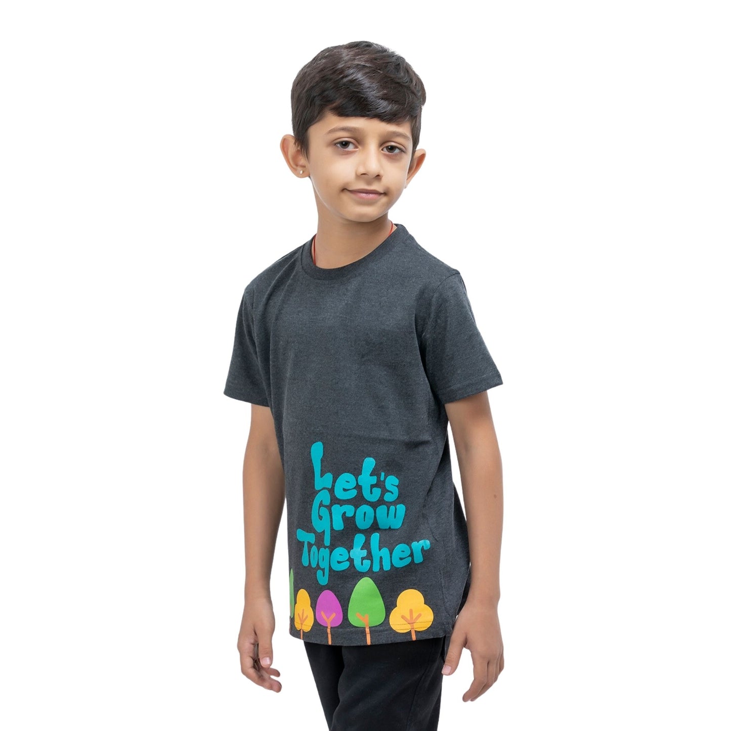 Grow Together Print Boys Cotton T-Shirt (Charcoal Melange)