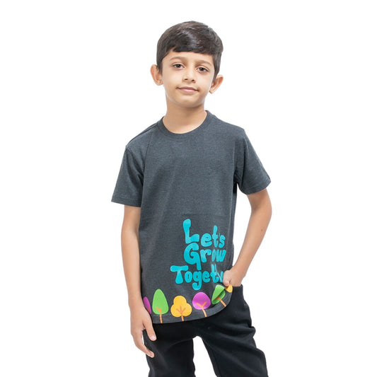 A Boy wearing stylish Grow Together Print Charcoal Melange Cotton T-Shirt from getstocked 