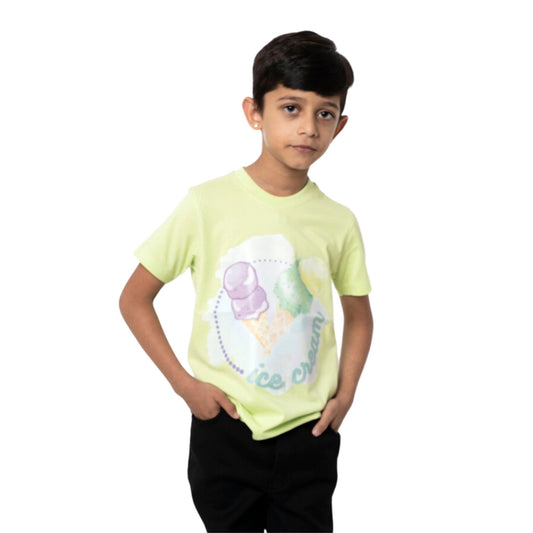 A Boy wearing stylish, affordable & premium Print Green Cotton T-Shirt from getstocked