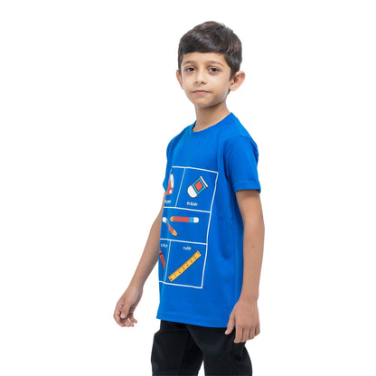 Stationery Print Boys Cotton T-Shirt (Blue)