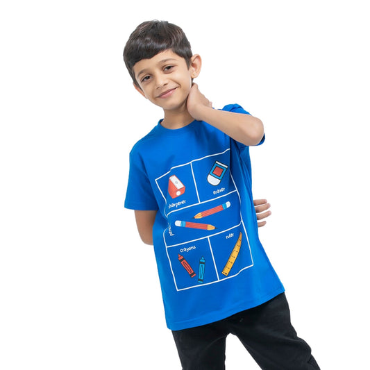 A Boy wearing stylish, affordable & premium Stationery Print Blue Cotton T-Shirt from getstocked