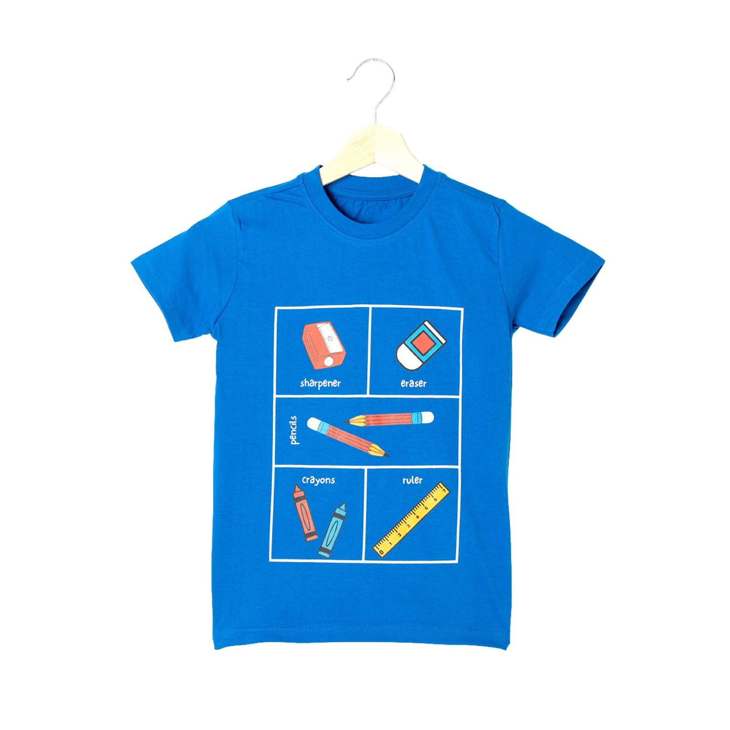 Stationery Print Boys Cotton T-Shirt (Blue)