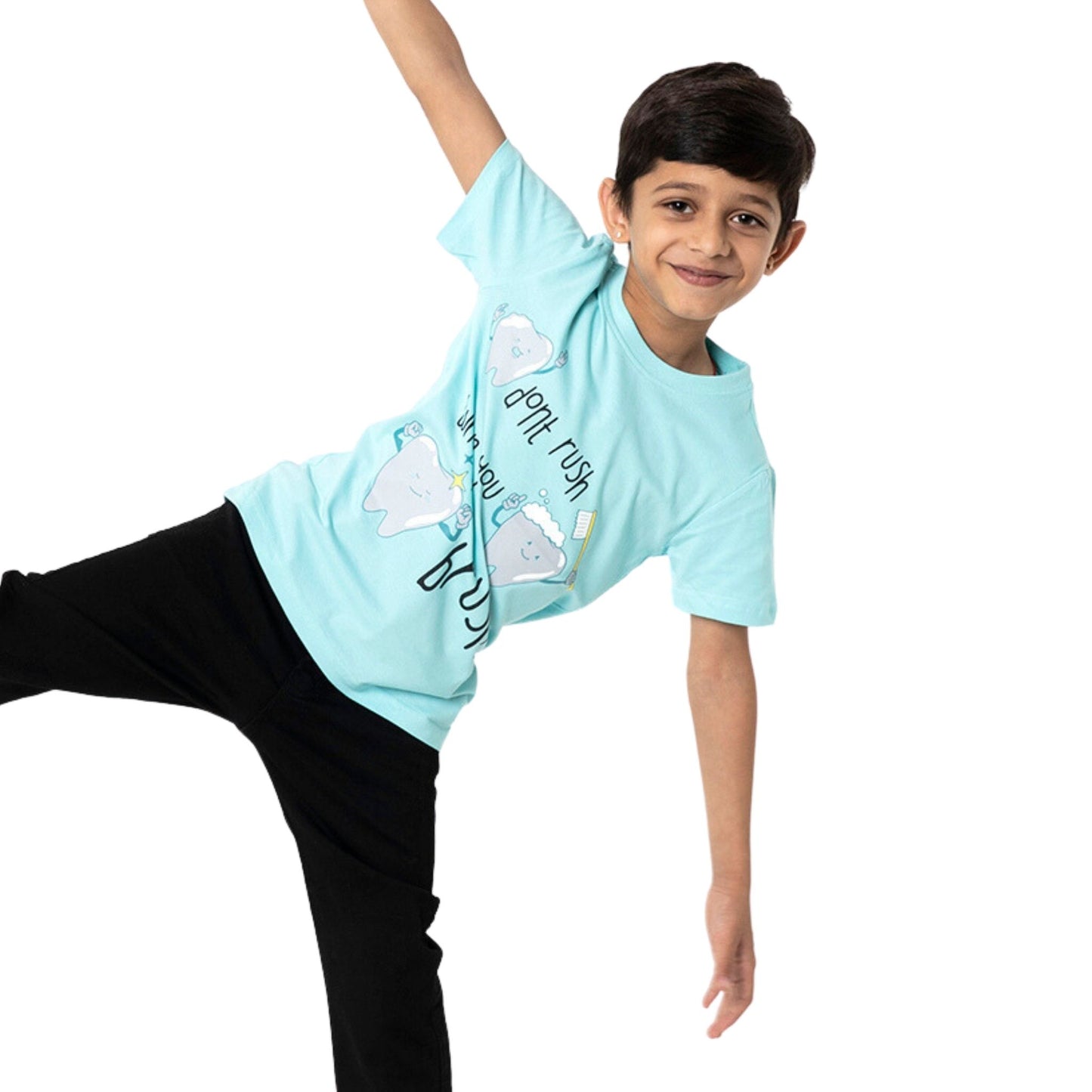 A Boy wearing stylish, affordable & premium Toothbrush Print Blue Cotton T-Shirt from getstocked
