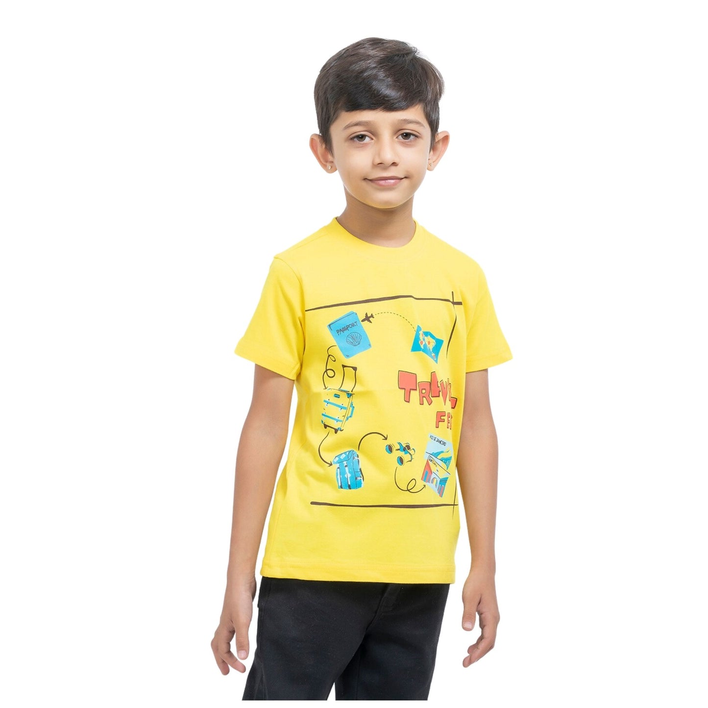 Travel Freak Print Boys Cotton T-Shirt (Yellow)