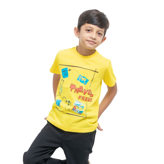 A Boy wearing stylish, affordable & premium Travel Freak Print Yellow Cotton T-Shirt from getstocked