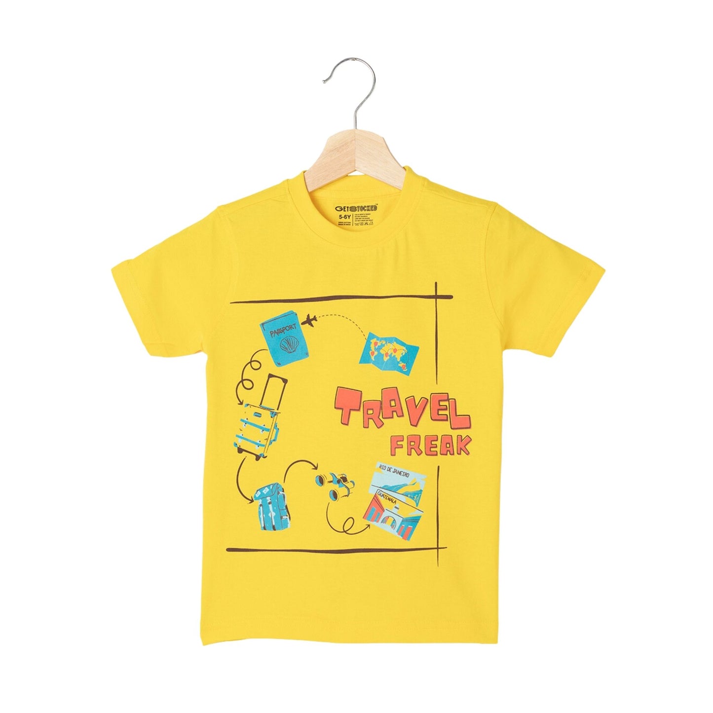 Travel Freak Print Boys Cotton T-Shirt (Yellow)