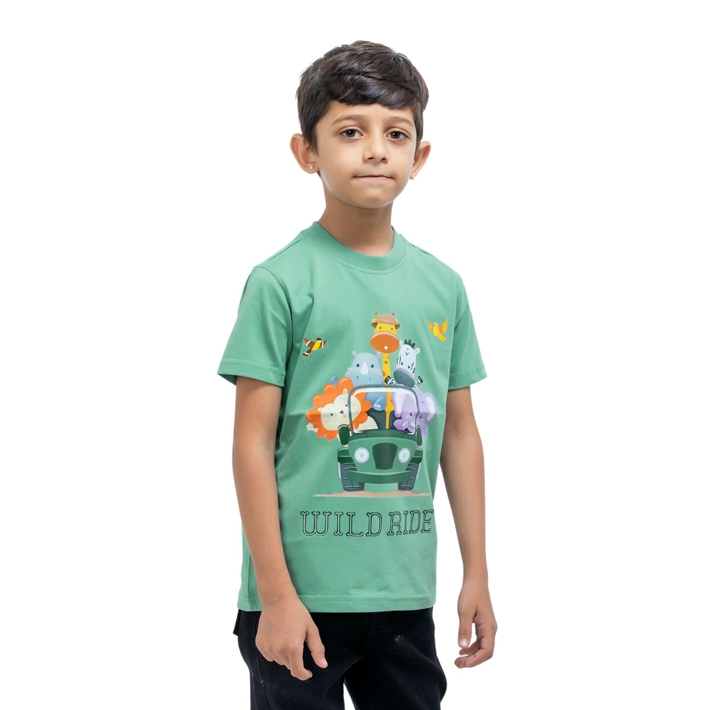 Wild Ride Print Boys Cotton T-Shirt (Green)