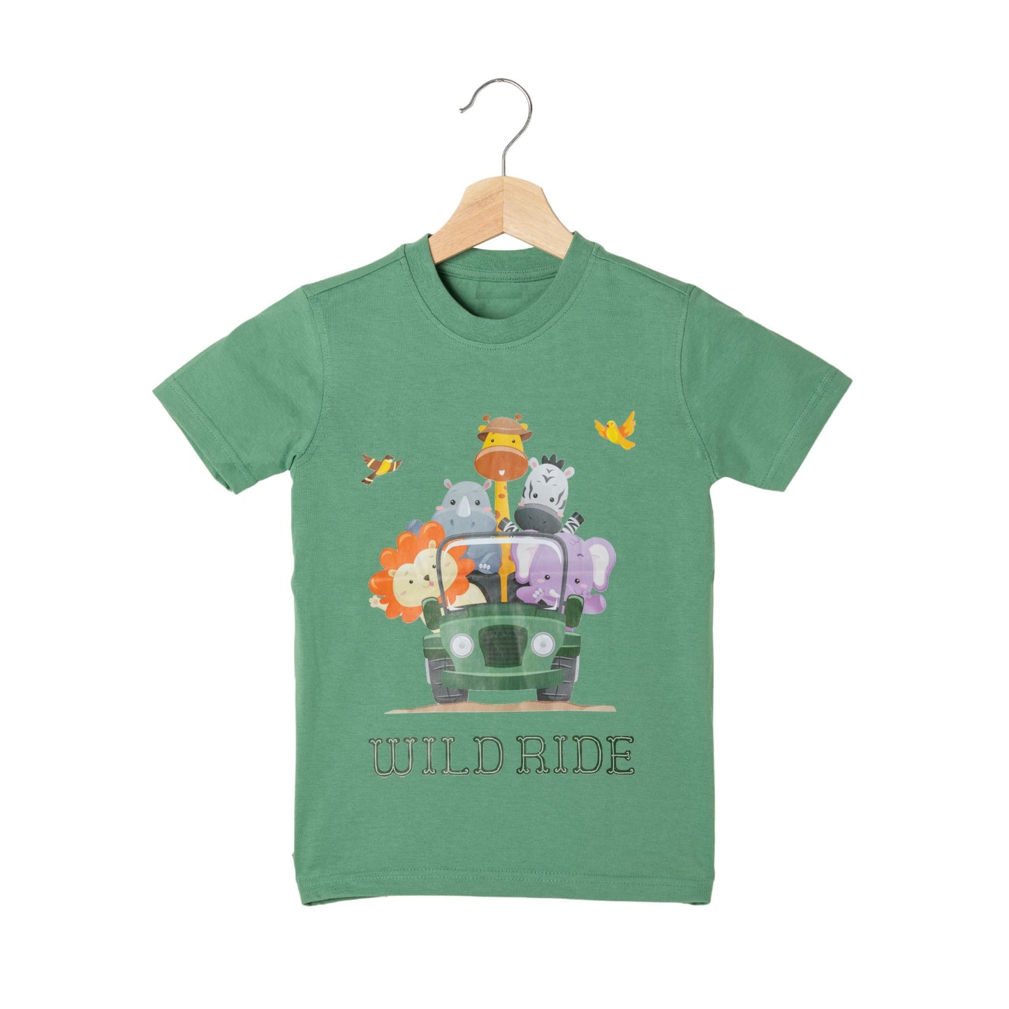 Wild Ride Print Boys Cotton T-Shirt (Green)